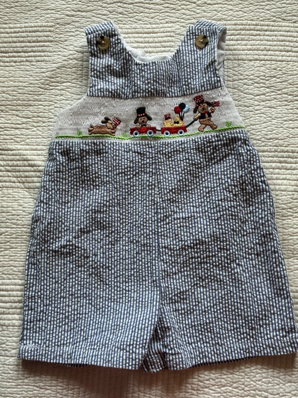 Good Lad Blue Striped Seersucker Overalls with Circus Smocking
